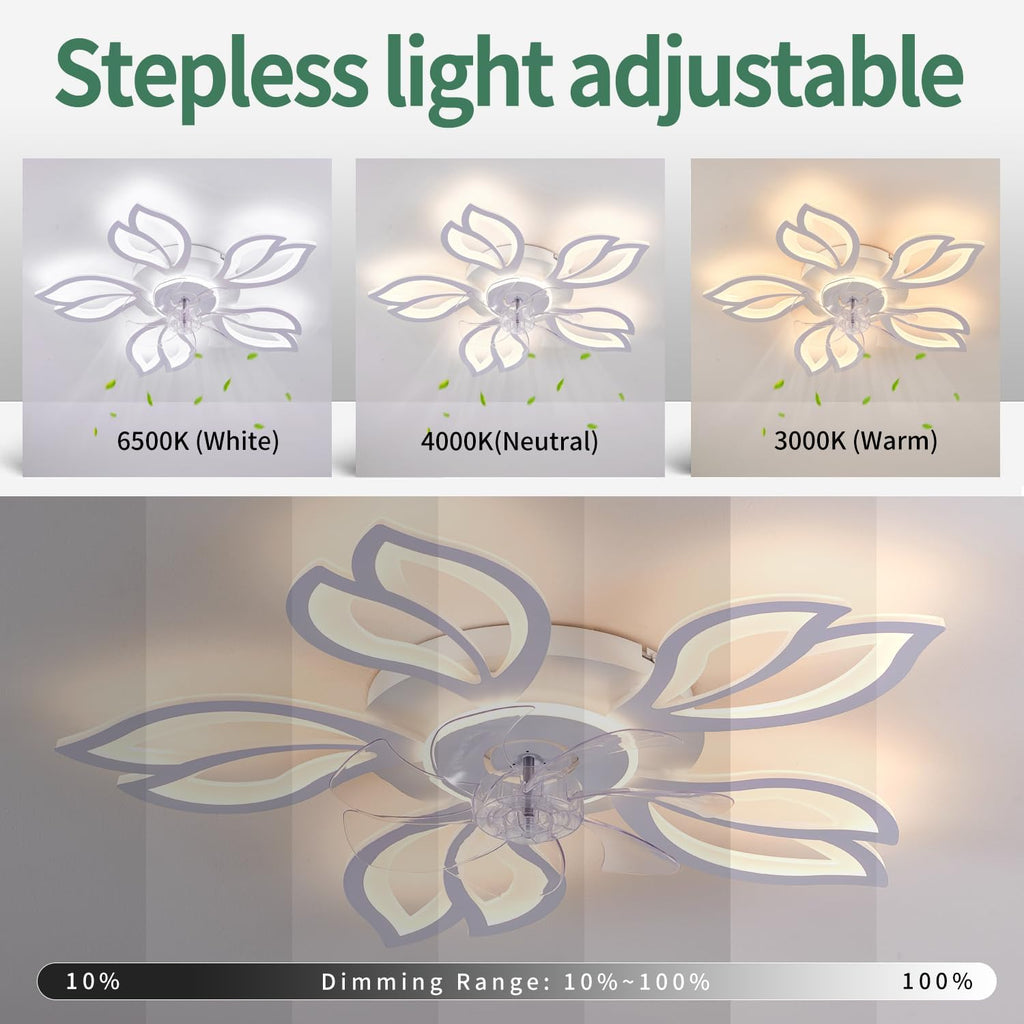 Modern Ceiling Fans with Lights, Low Profile Ceiling Fan with Remote for Bedroom, Flush Mount Ceiling Fan with LED Dimmable Light,3-Colors, 6-Speeds, Timing CeilingFan Light-White Leaves