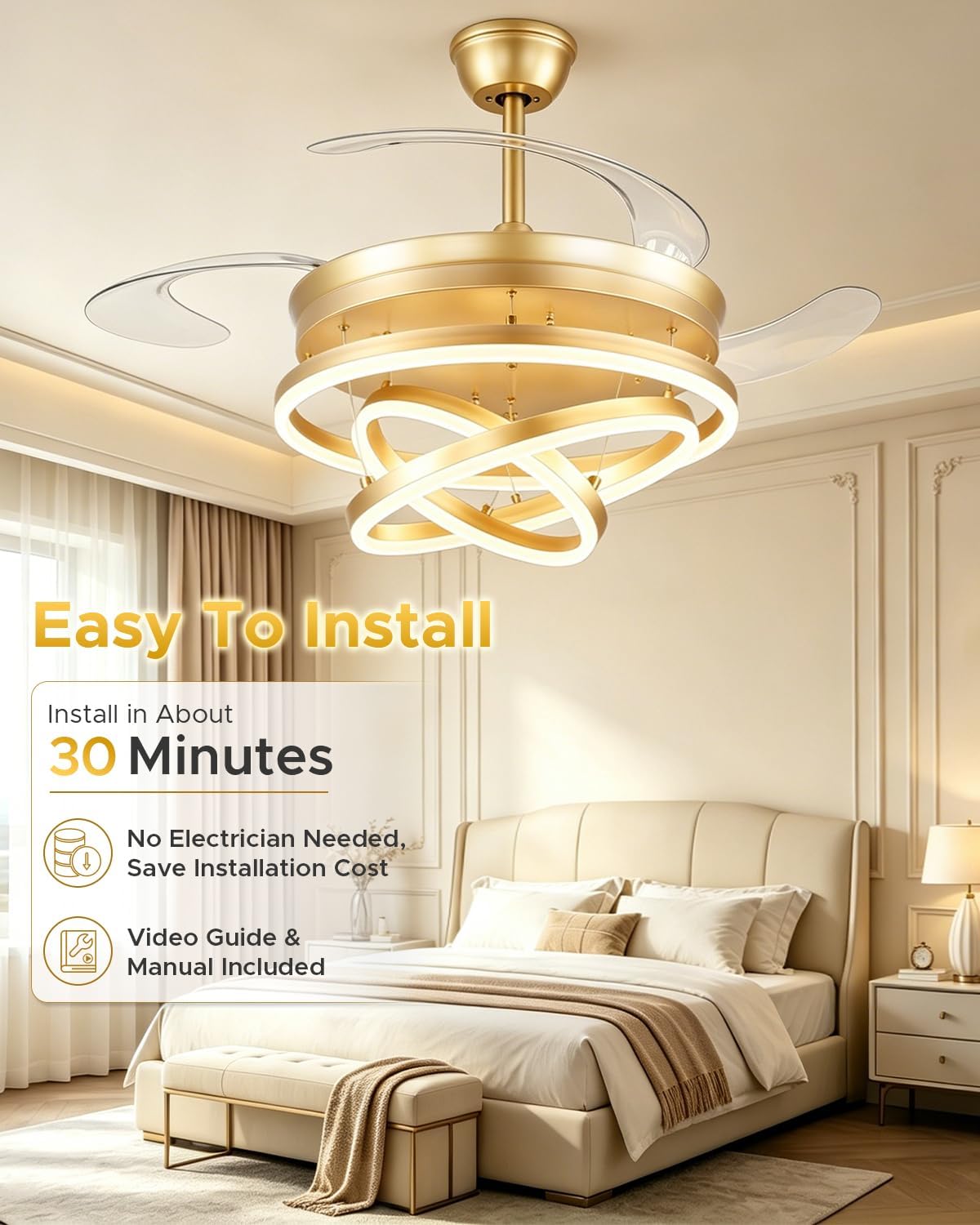 48 Inch Retractable Ceiling Fan with Lights, Gold Fandelier Chandelier Fan with Remote, 6-Speed Silent DC Motor, 3000K-6500K Dimmable LED Light, Modern Ceiling Fan for Bedroom Living Room Dining Room