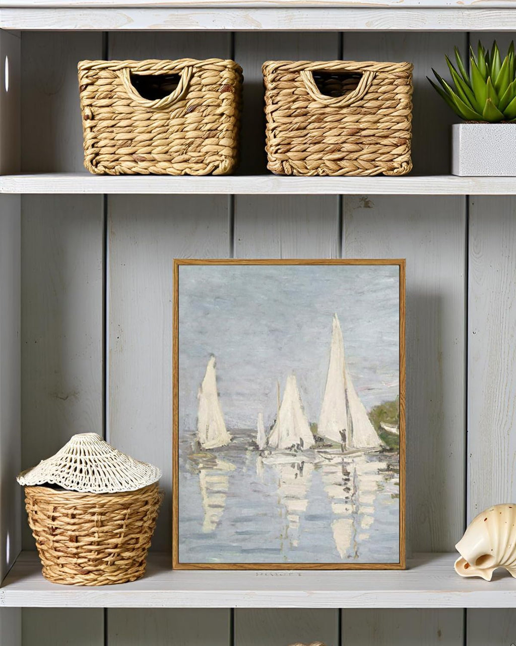 ARPEOTCY Vintage Framed Canvas Wall Art, 12x16inch, Farmhouse Summer Sailboat Wall Decor, Nautical Lake Art Prints Home Decorations, Seascape Paintings for Living Room Bedroom Office Decor