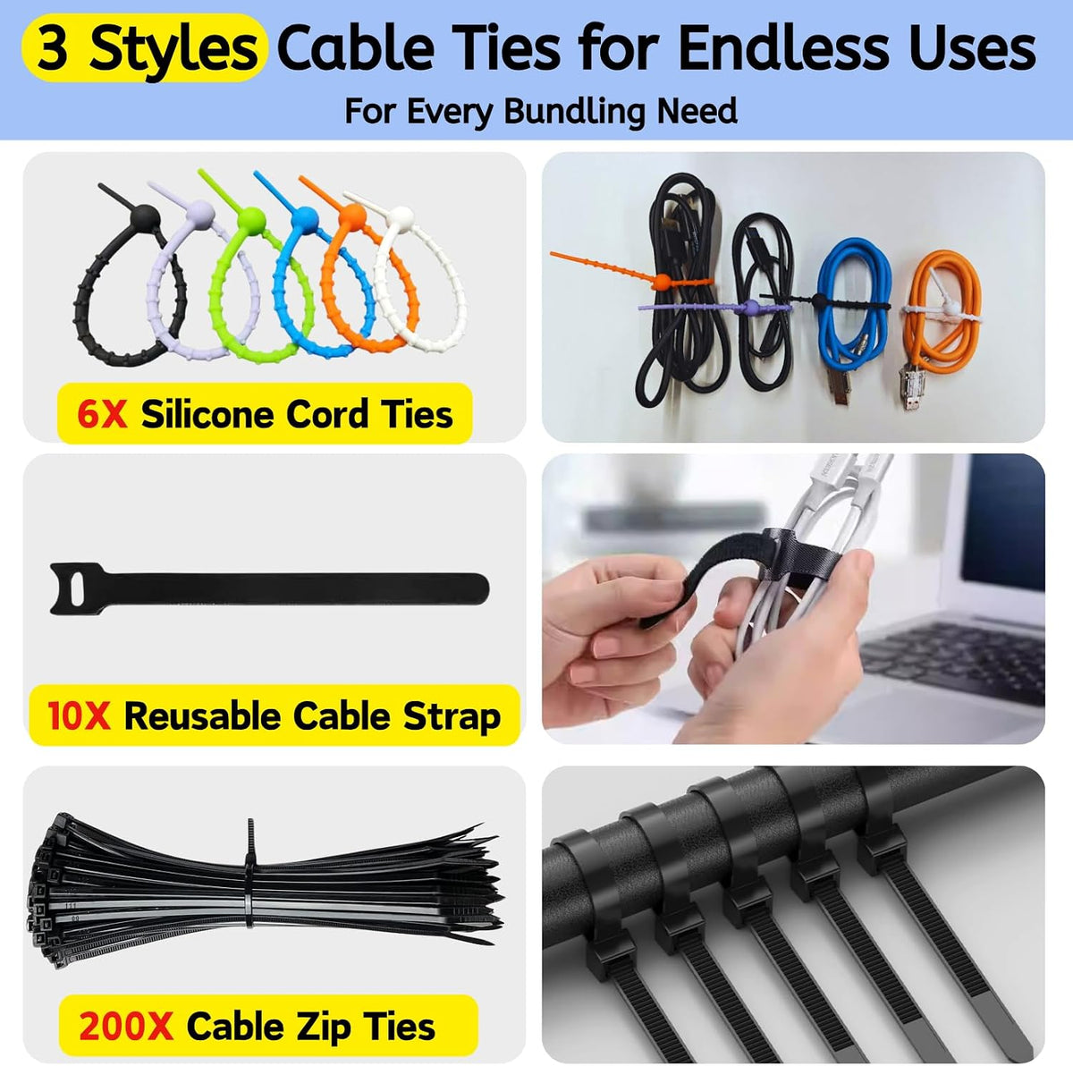 [261Pcs] Cable Management Kit, Cord Organizer, Complete Desk Cable Management Solution to Keep Desk Clean, Cable Organizer Accessories for Home Office Essentials, Black