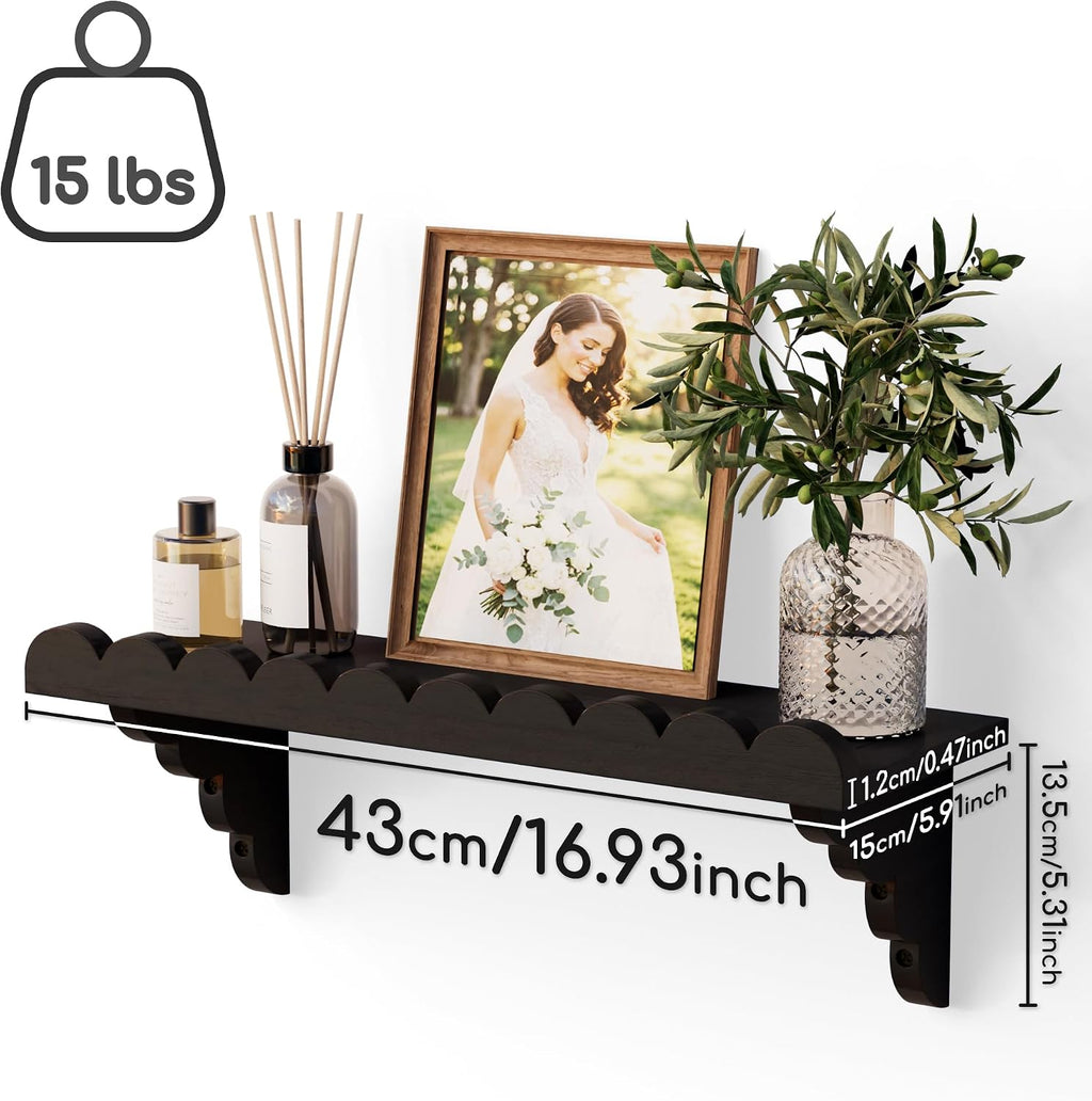 QsQueen Scalloped Wood Wall Shelf – 17 Inch Floating Shelf with Wood Brackets, Easy to Install Rustic Wall Shelf for Living Room, Bedroom, Bathroom, or Any Space, Black Shelves