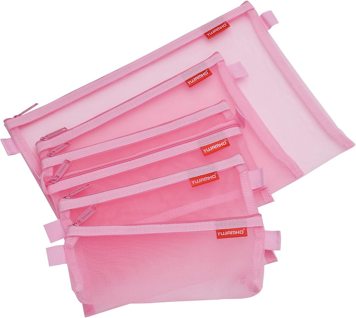 Zipper Mesh Bags, 5 Pack Pencil Pouch Set, Lightweight Nylon, Pink
