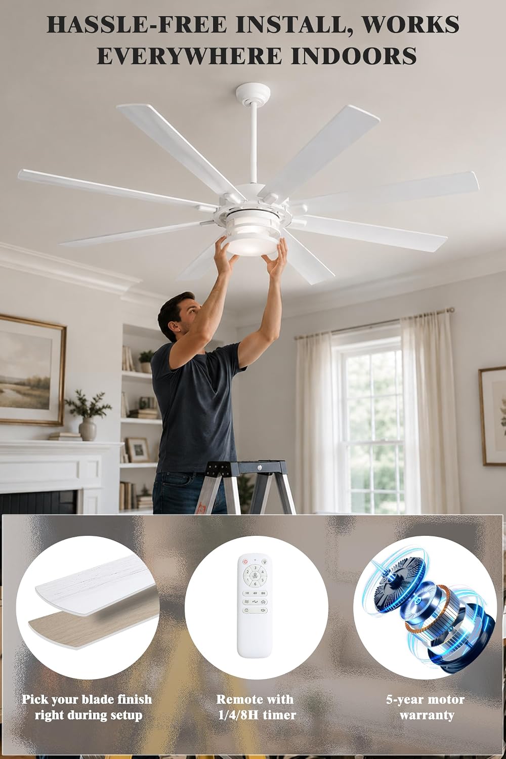 65 Inch Ceiling Fan with Light, White Large Metal Downrod Ceiling Fan Light White, 3CCT, 6 Speed Ceiling Fans with 3 Downrods for Living Room Bedroom, UL Listed