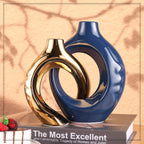 Navy Blue Home Decor Ceramic Vase, Navy Blue Gold Vase with Holes Set of 2