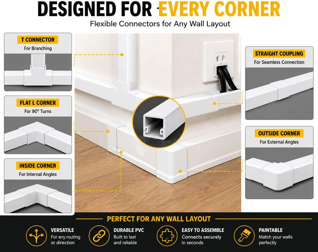 Cable Management Raceway Kit – 20 Pack 15.7” PVC Wire Hider with Connectors, T & L Corners, Inside & Outside Corners, Screws – Paintable Wall Cord Cover for TV, Home & Office