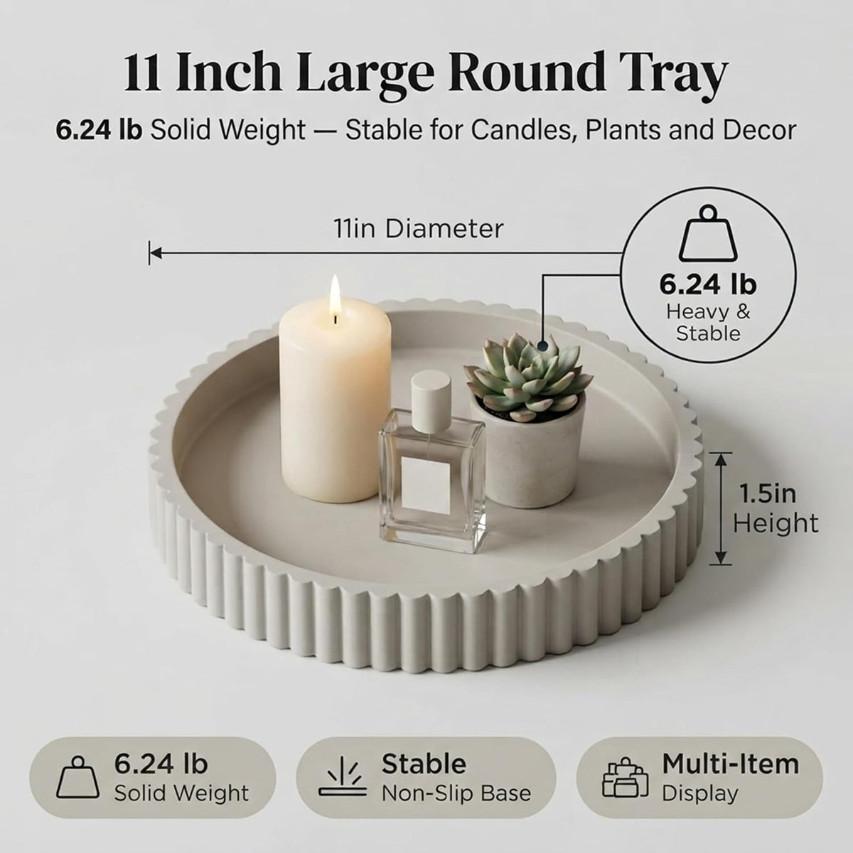 Round Solid Concrete Tray, Fluted Centerpiece for Coffee Table Decor 11"