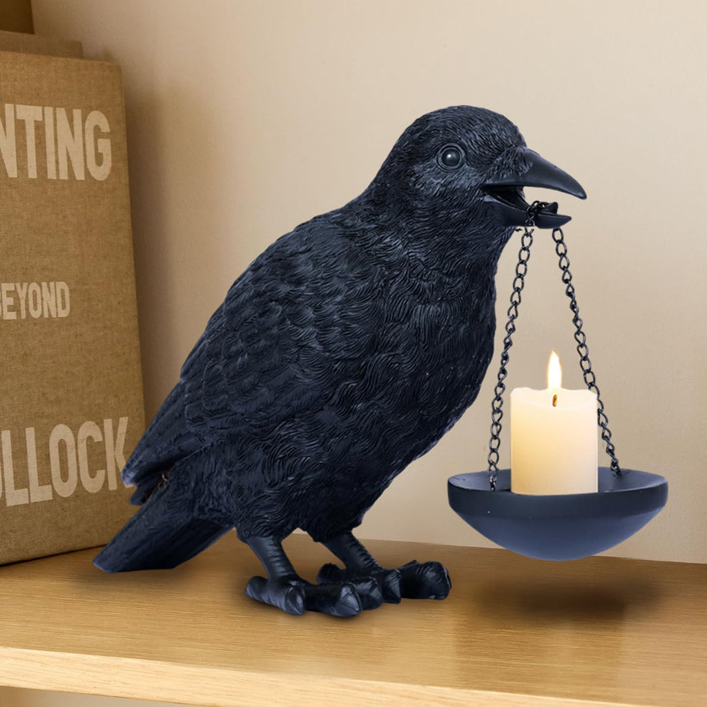 Dlfghos Gothic Home Decor Raven Lamp Tealight Candle Holder Halloween Decorations Indoor Fake Crow Light Holder Resin Black Bird Statue for Living Room Fireplace Entrance Holiday Spooky Ornaments