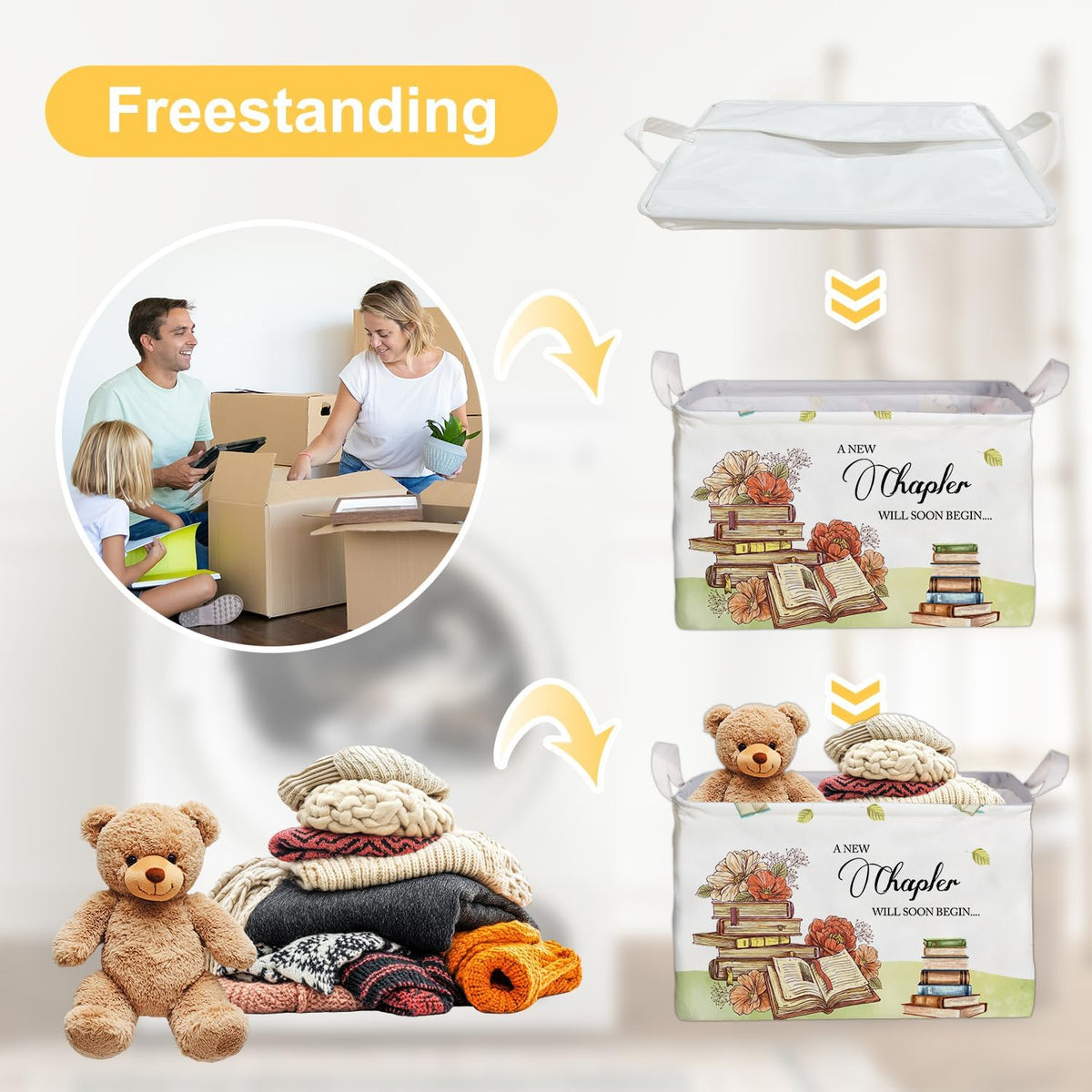 Book Theme Foldable Storage Basket with Handles, Waterproof Fabric Organizer Boxes for Toy and Book Storage, Cube Box for Nursery and Study Room, Gifts for Boys and Girls, Cute Bookshelf Decor