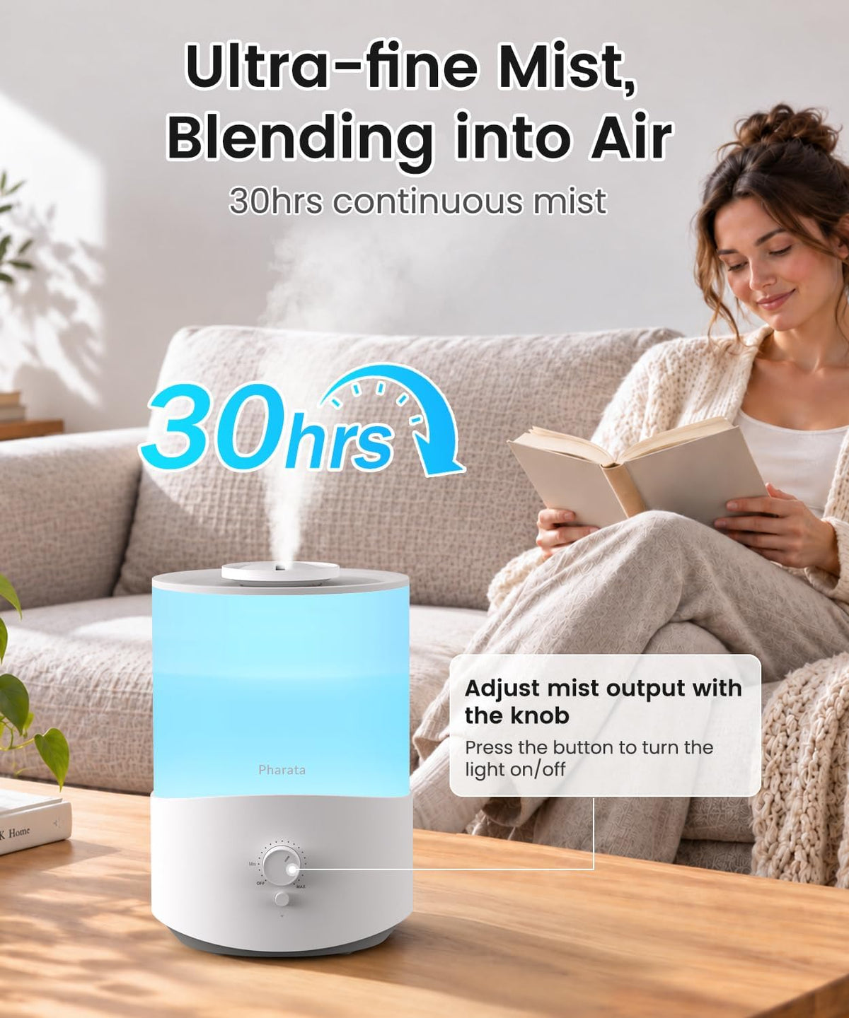 Pharata Humidifiers for Bedroom Large Room, 2.5L Cool Mist Humidifier with Essential Oil Diffuser, Top Fill Humidifier for Baby, Home, Plant, Ultrasonic Humidification for whole house, Auto Shut-Off