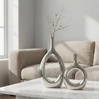 Glossy Silver Vase Ceramic Silver Vases Home Decor,Modern Minimalist Circle with Hole Decorative Vase, Hollow Ellipse Flower vases for Bookshelf, Fireplace Mantle, Centerpieces,Farmhouse,Rustic Décor