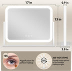 ROLOVE Lighted Makeup Mirror, 17"x13" Vanity Mirror with Lights, 10X Magnification, Gifts for Women, 3 Color Lighting Modes, Smart Touch Control, 360° Rotation for Bedroom or Tabletop (White)