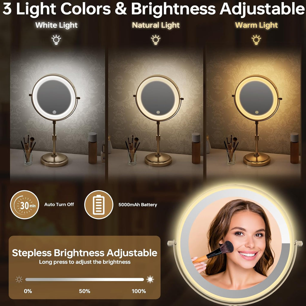 9" Lighted Makeup Mirror with 1X 10X Magnification, Brushed Nickel Finish