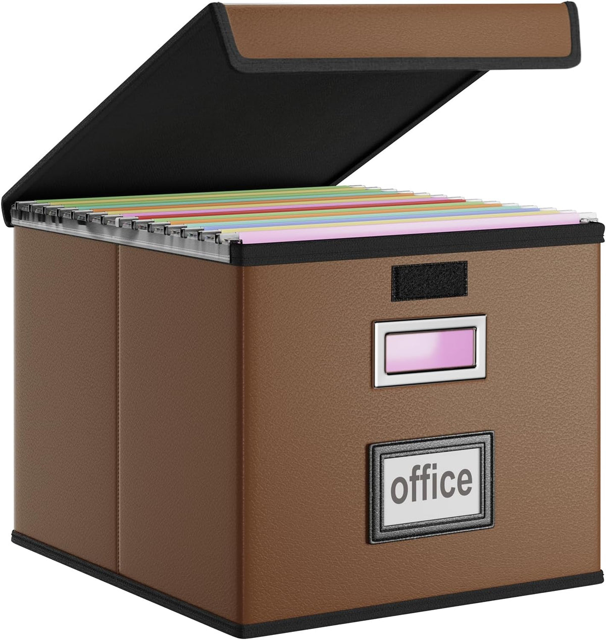 Foldable File Organizer Box with Lids (1 Pack, Brown, Leather)