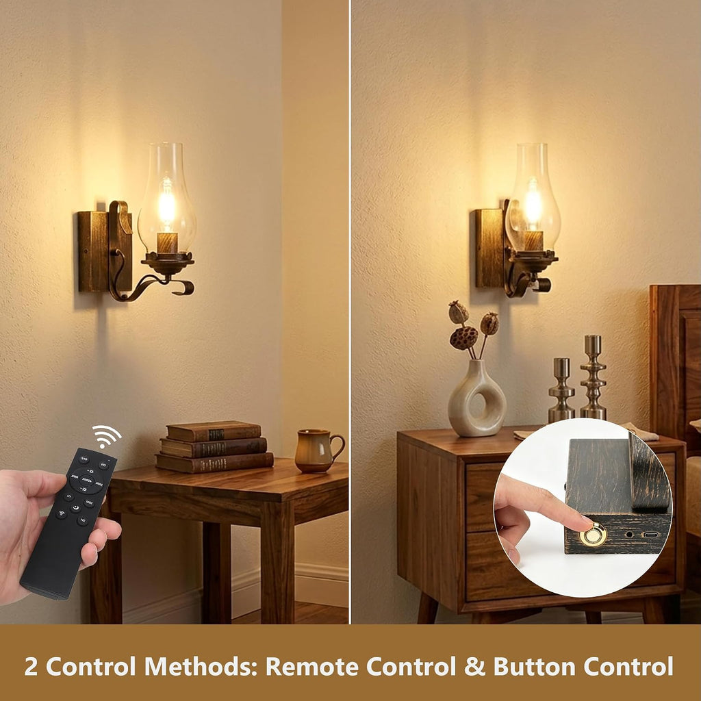 Battery Operated Wall Sconces, Rustic Wall Lights Sets of 2, Non-Hardwired Antique Kerosene Wall Lamps, Vintage Bedside Gold Wall Sconces with Remote for Living Room, Bedroom, Hallway etc