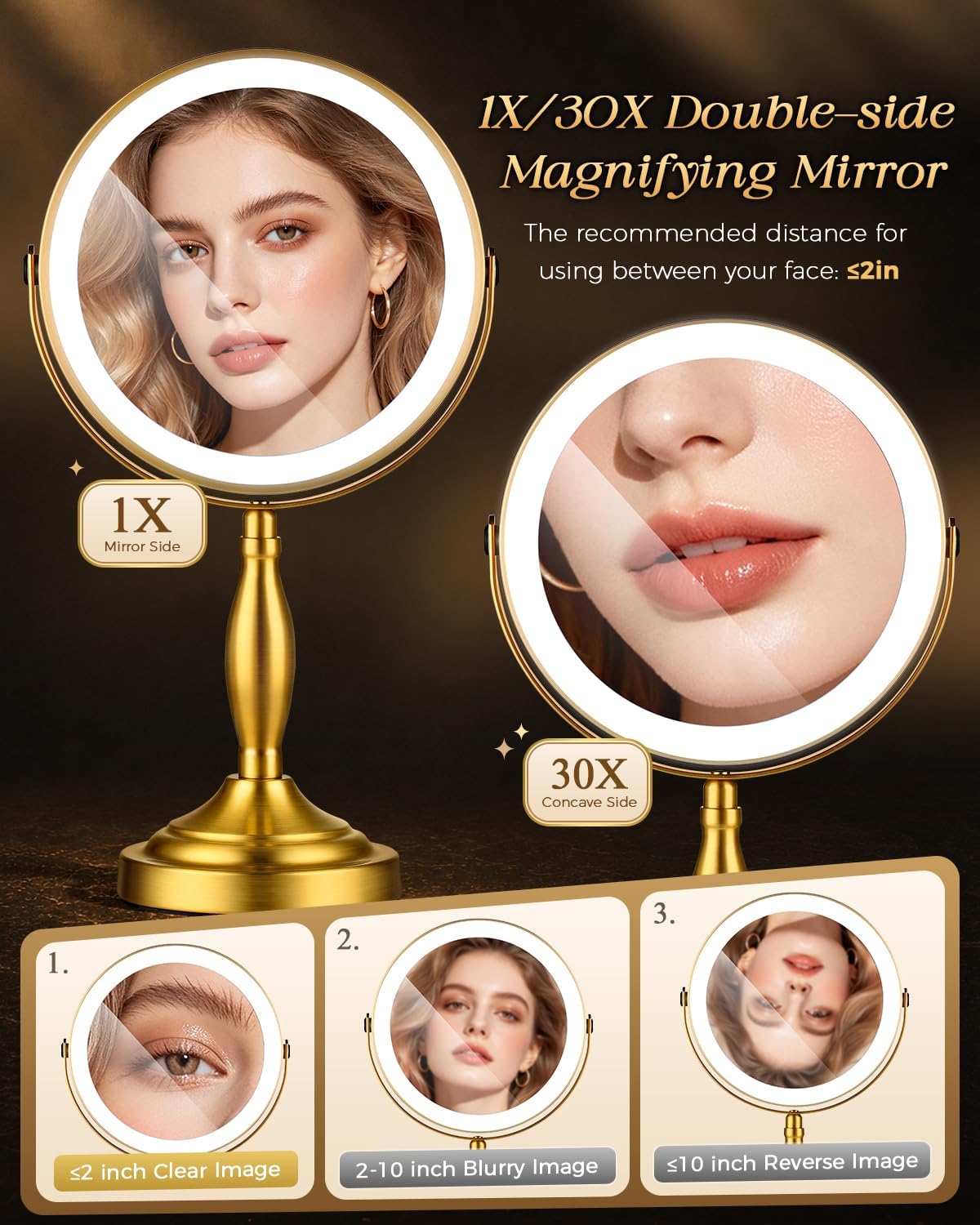 30X/1X Makeup Mirror with Lights, 8" Double Sided Vanity Mirror with Lights