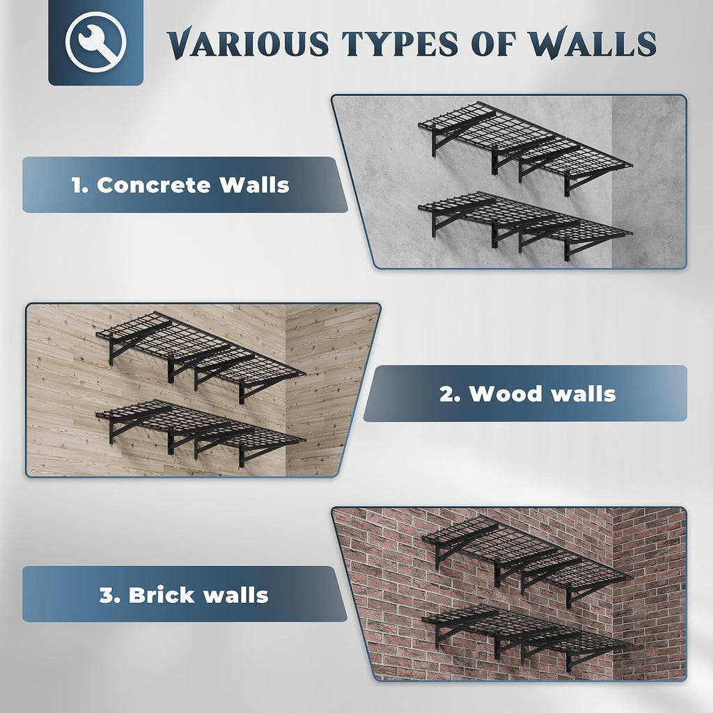 4 Pack Wall Mounted Garage Shelving, 2x3ft, 1400lbs Integrated Grid