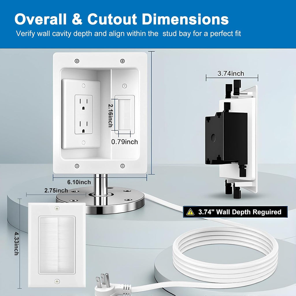 Nearza in Wall Cable Management Kit with Recessed Outlet 9FT Power Cord Fits All Plugs 2 AC Outlets Slim Brush Plate Solution to Hide TV Wires Recessed Outlet Box for wall Mount TV