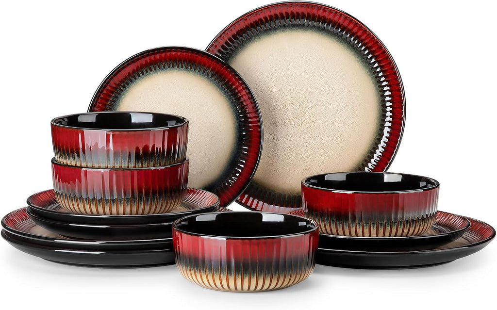 vancasso 12-Piece Red Ceramic Dinnerware Sets Plates and Bowls Sets for 4