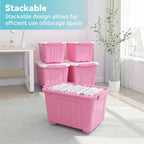 Nazhura Plastic Storage Bin, Stackable and Nestable Storage Boxes with White Lids and Secure Latching Buckles, Large Storage Container (Pink/White, 72Quart-4Pack)