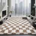 Checkered Area Rugs for Living Room 6x9, Fluffy Beige and White Checkered Rug by Boshengya