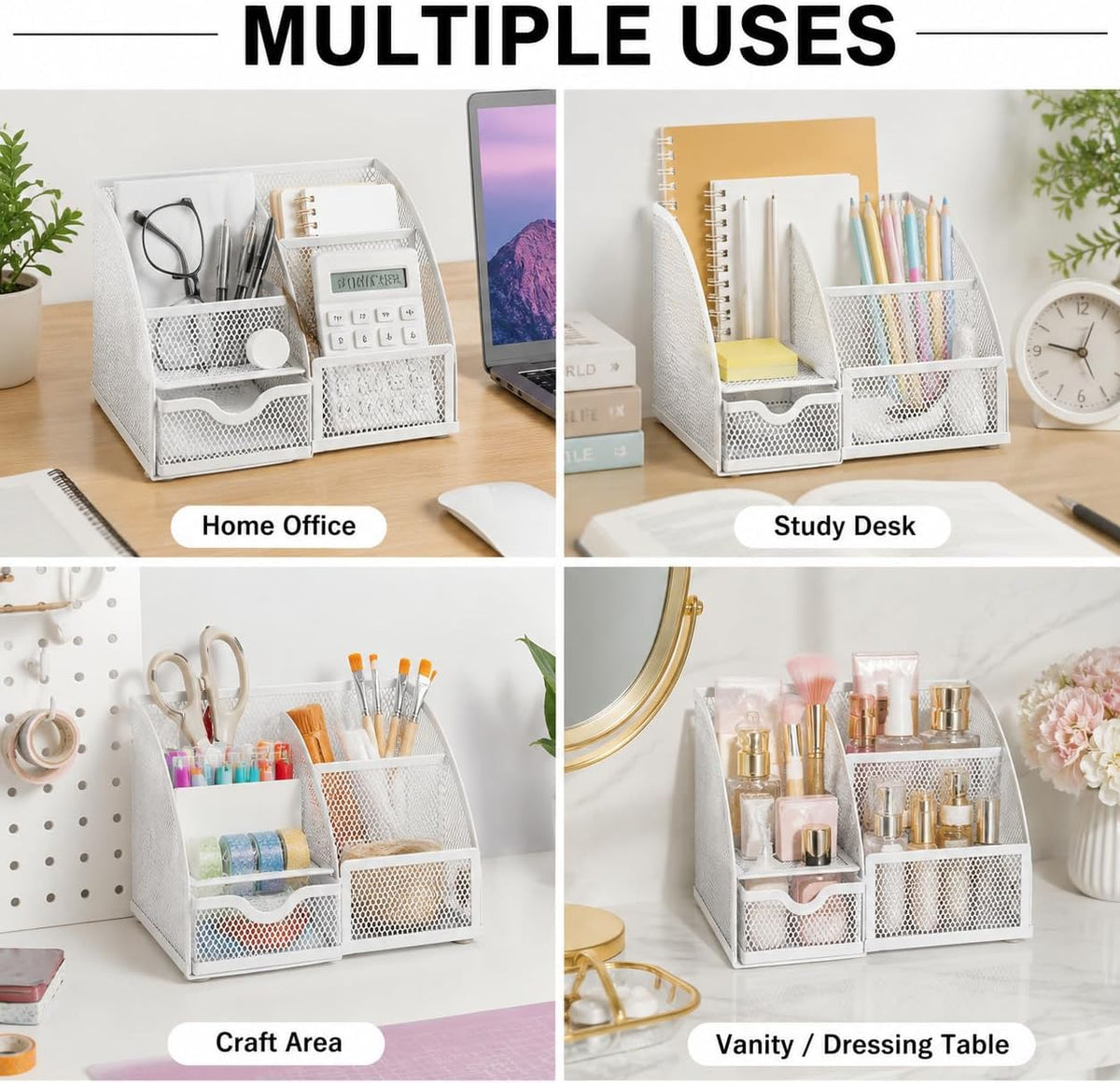 Exerz Desk Organizer 7 Compartments Metal Mesh Pen Holder Caddy White