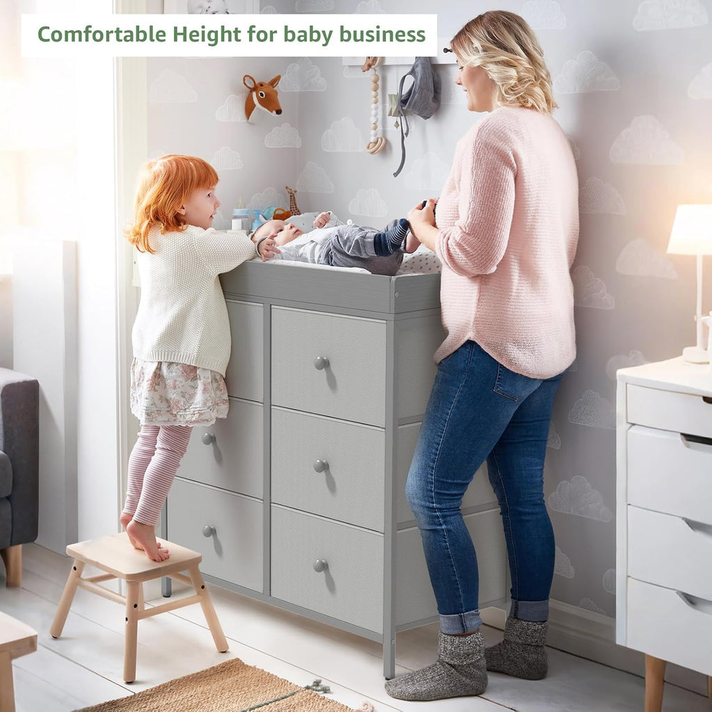 BOLUO Changing Table Dresser with 6 Fabric Drawers, Baby Dresser with Changing Table Top Diaper Changing Station with Storage for Nursery Modern Grey