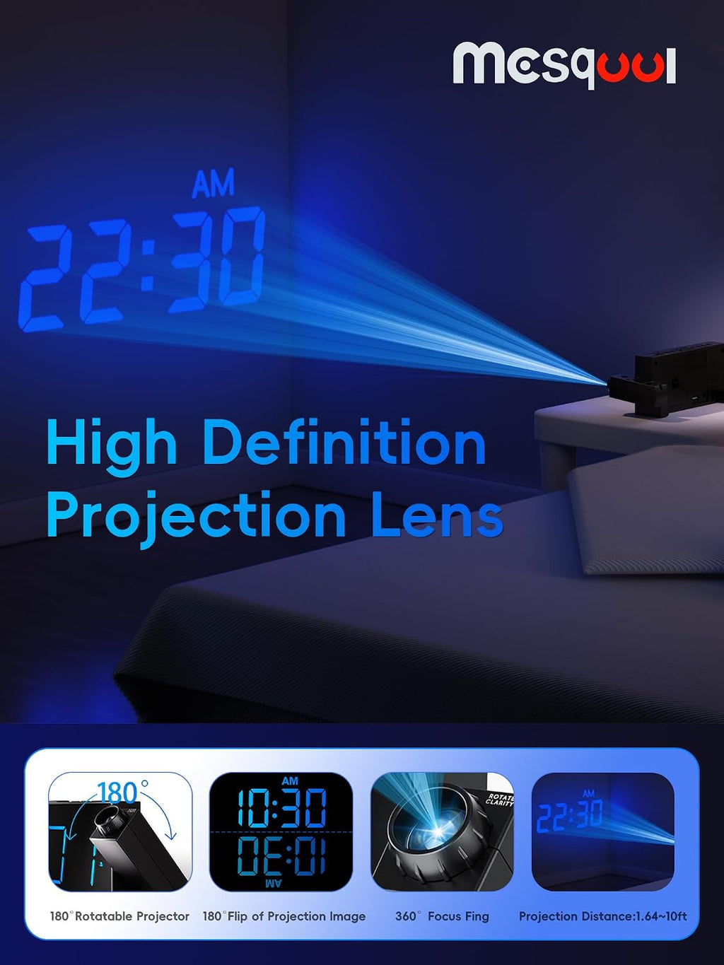 Mesqool Digital Projection Alarm Clock with Dual Alarms, 5 Levels Dimmer