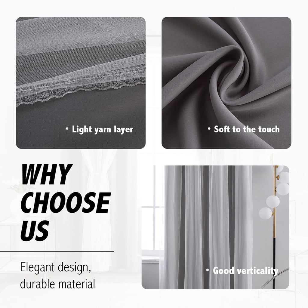 Anytime Double Layer Blackout Curtains 2 Panels，52Wx63L，Grey