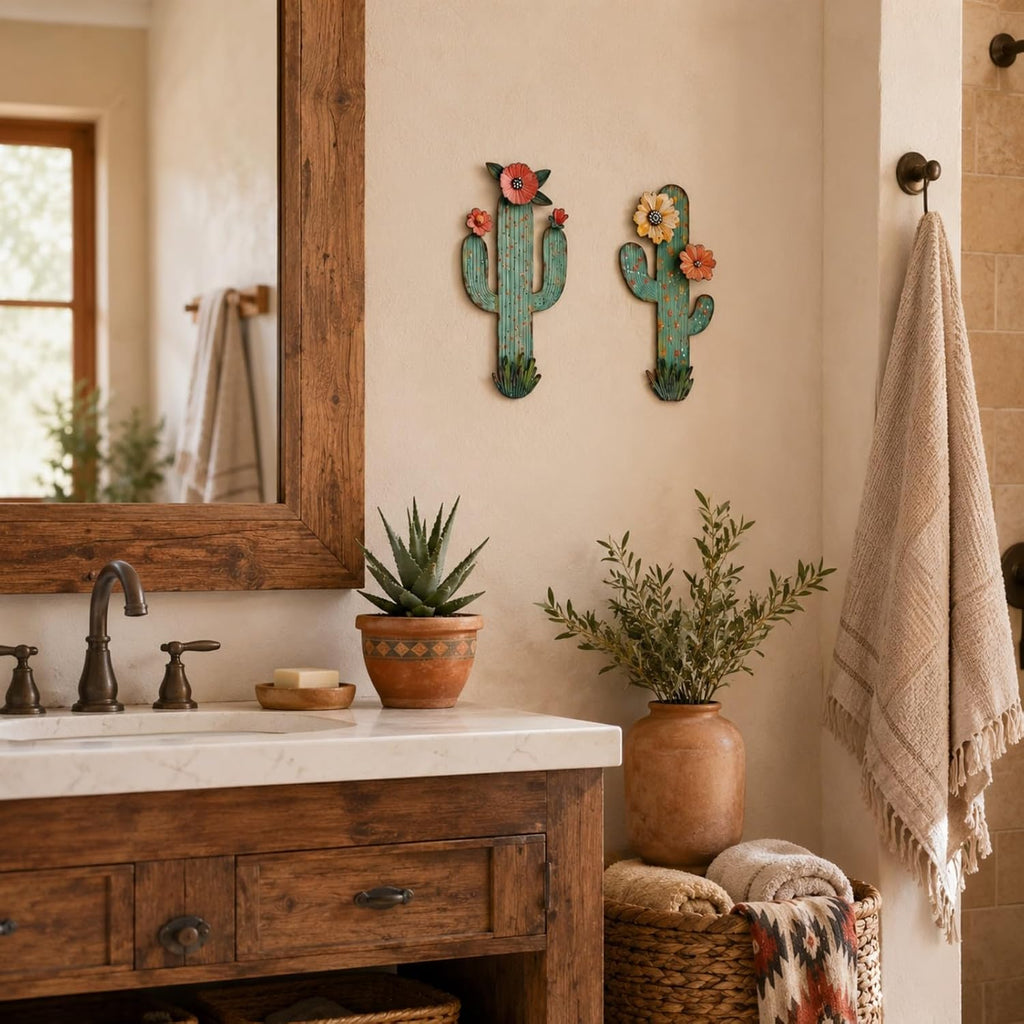 flangairy 2pcs Metal Cactus Wall Decor, Western Desert Bathroom Decor