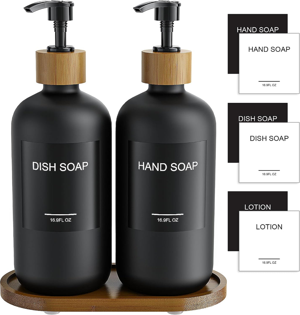 MASADI Black Soap Dispenser Set with Tray, Dish and Hand soap Lotion Dispenser Set with Wooden Pump for Kitchen and Bathroom Decor for Counter, Modern Vintage Liquid Soap Dispensers