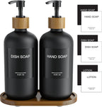 MASADI Black Soap Dispenser Set with Tray, Dish and Hand soap Lotion Dispenser Set with Wooden Pump for Kitchen and Bathroom Decor for Counter, Modern Vintage Liquid Soap Dispensers