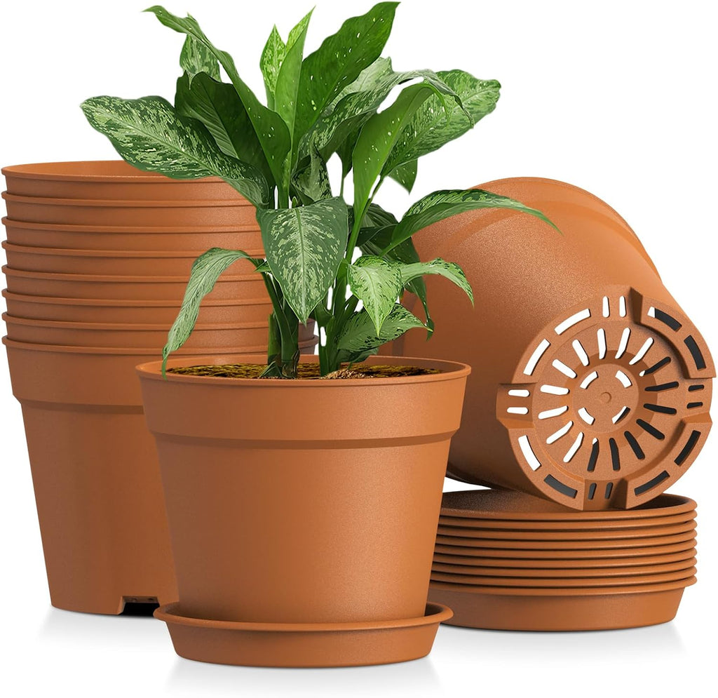 8 Inch 10 Pack Plastic Plant Pots with Drainage Holes and Trays