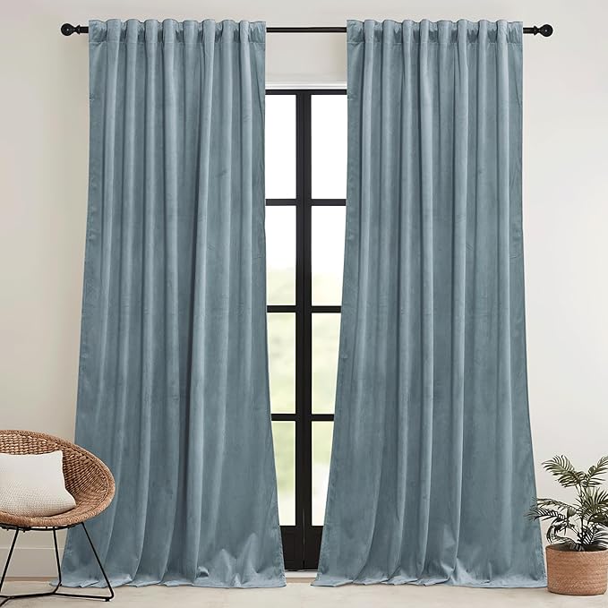 RYB HOME Stone Blue Velvet Curtains 84 inches- Blackout Curtains - Image 2