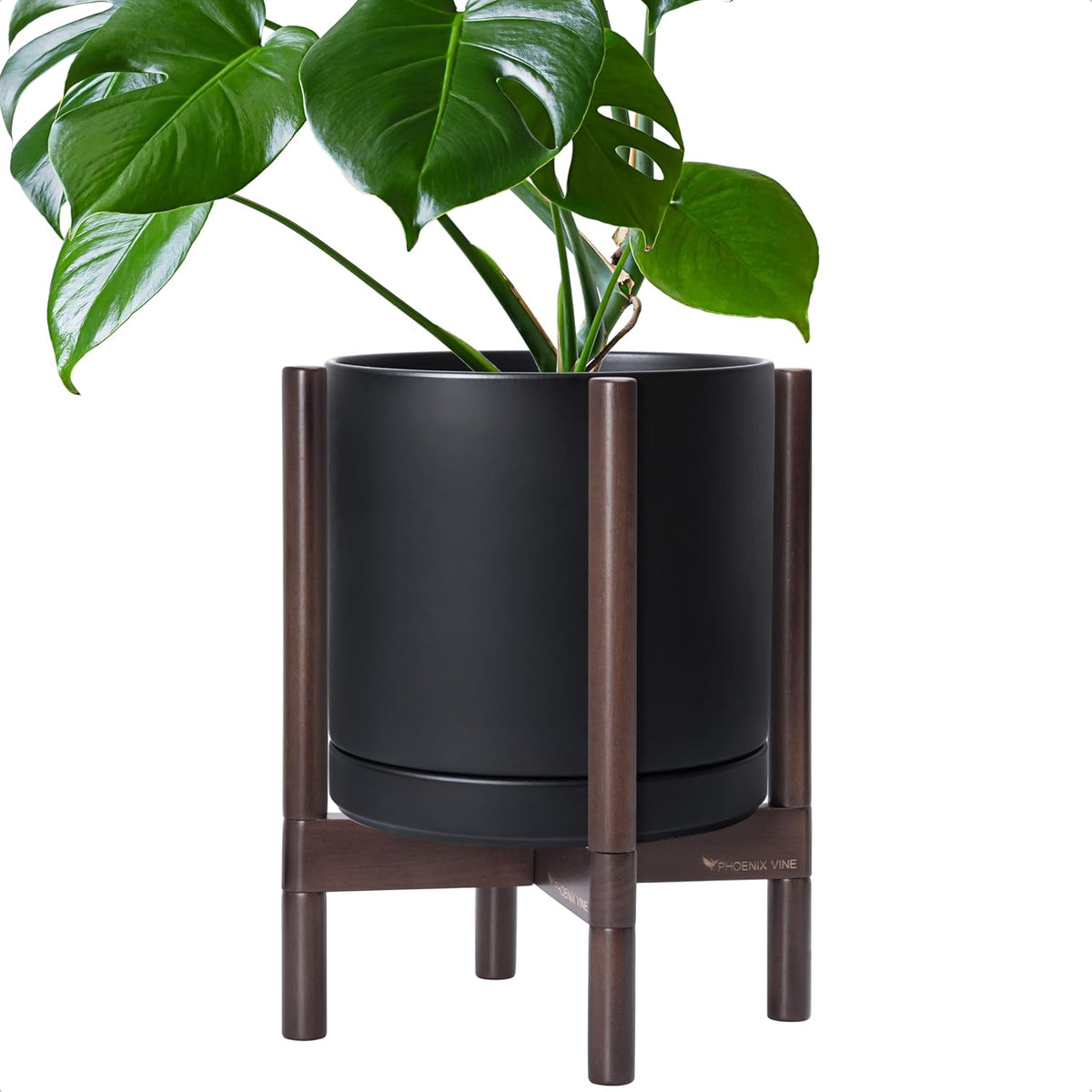 D'vine Dev Ceramic Pot with Walnut Wood Stand, Teal, 10 in, 55-B-X-4