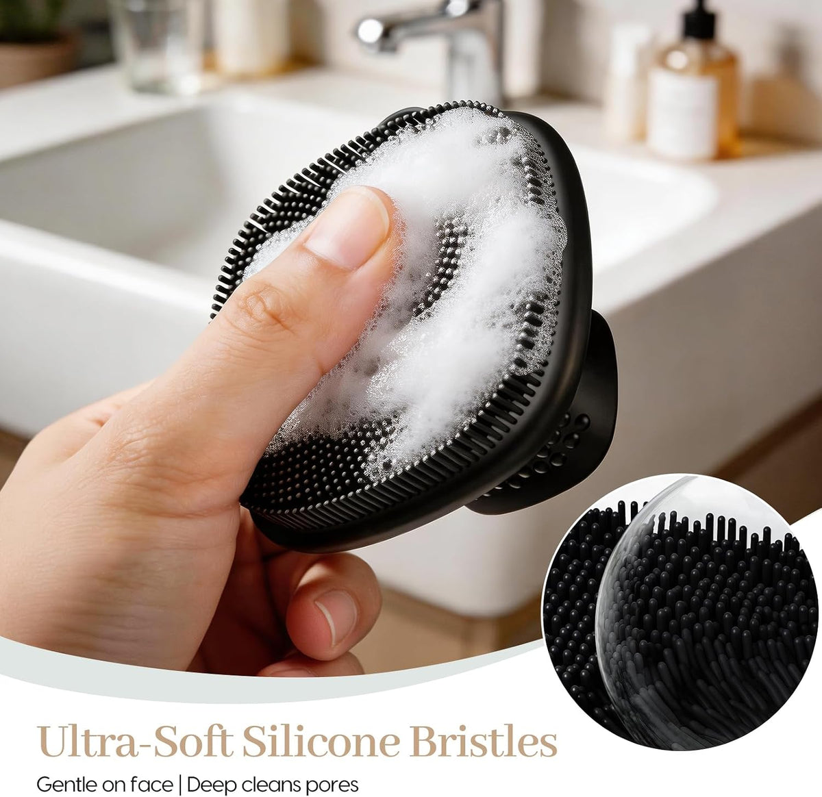 Silicone Back Scrubber for Shower &Silicone Face Scrubber, 2Pcs Silicone Exfoliating Brush Set with 17In Long Handle, Soft Body & Facial Cleansing Scrubber for Men Women