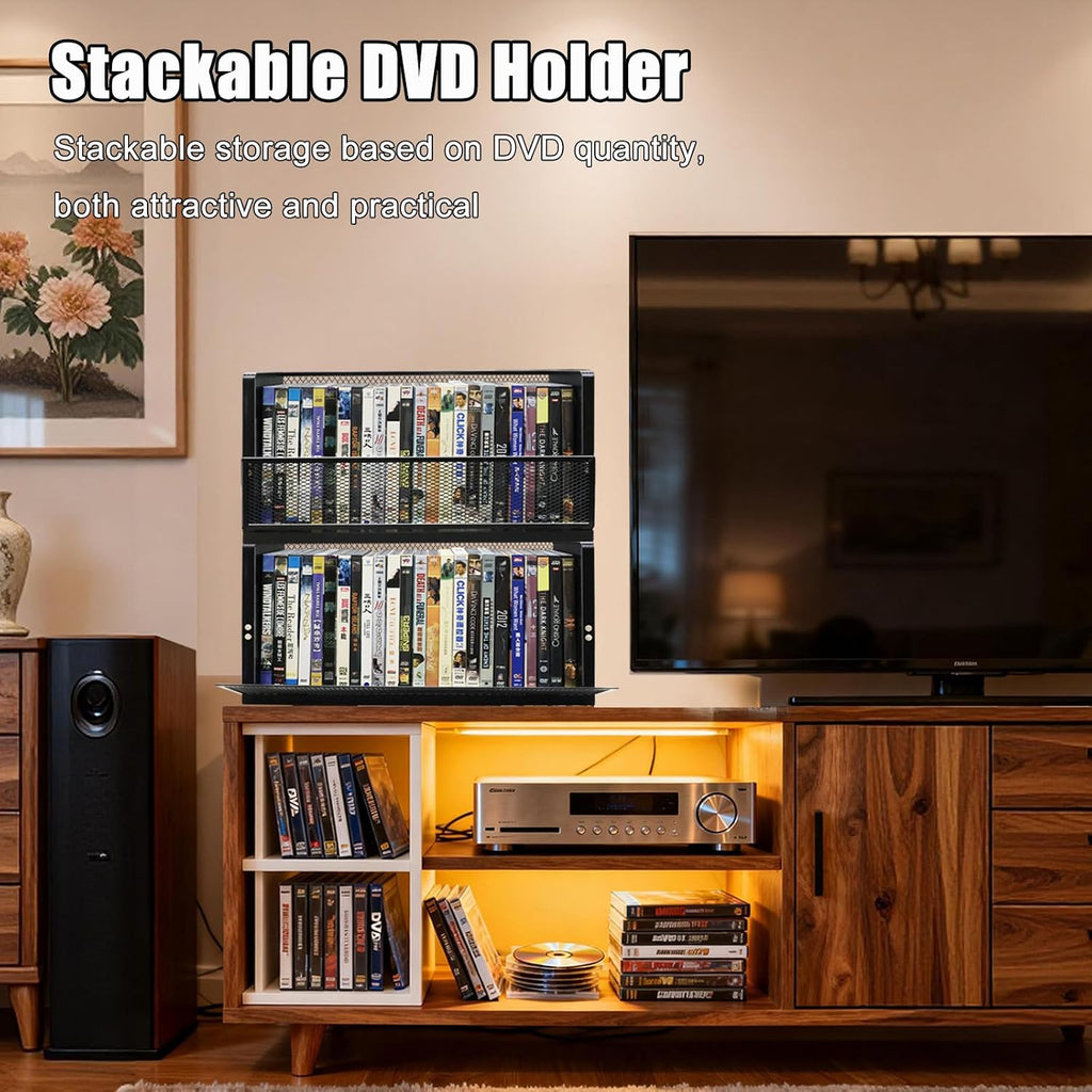 DVD Storage Rack 2 Pack, Stackable Media Organizer Holds 56 DVDs or 64 Blu ray Cases, Shelf with Magnetic Door for Video Games and CDs, VHS Tapes