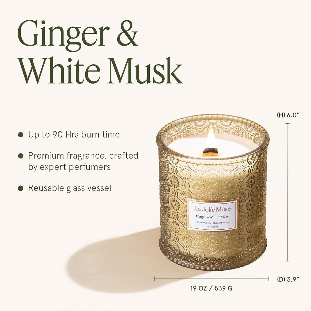 LA JOLIE MUSE Ginger & White Musk Scented Candle for Home, Soy Wax, 40 Hrs