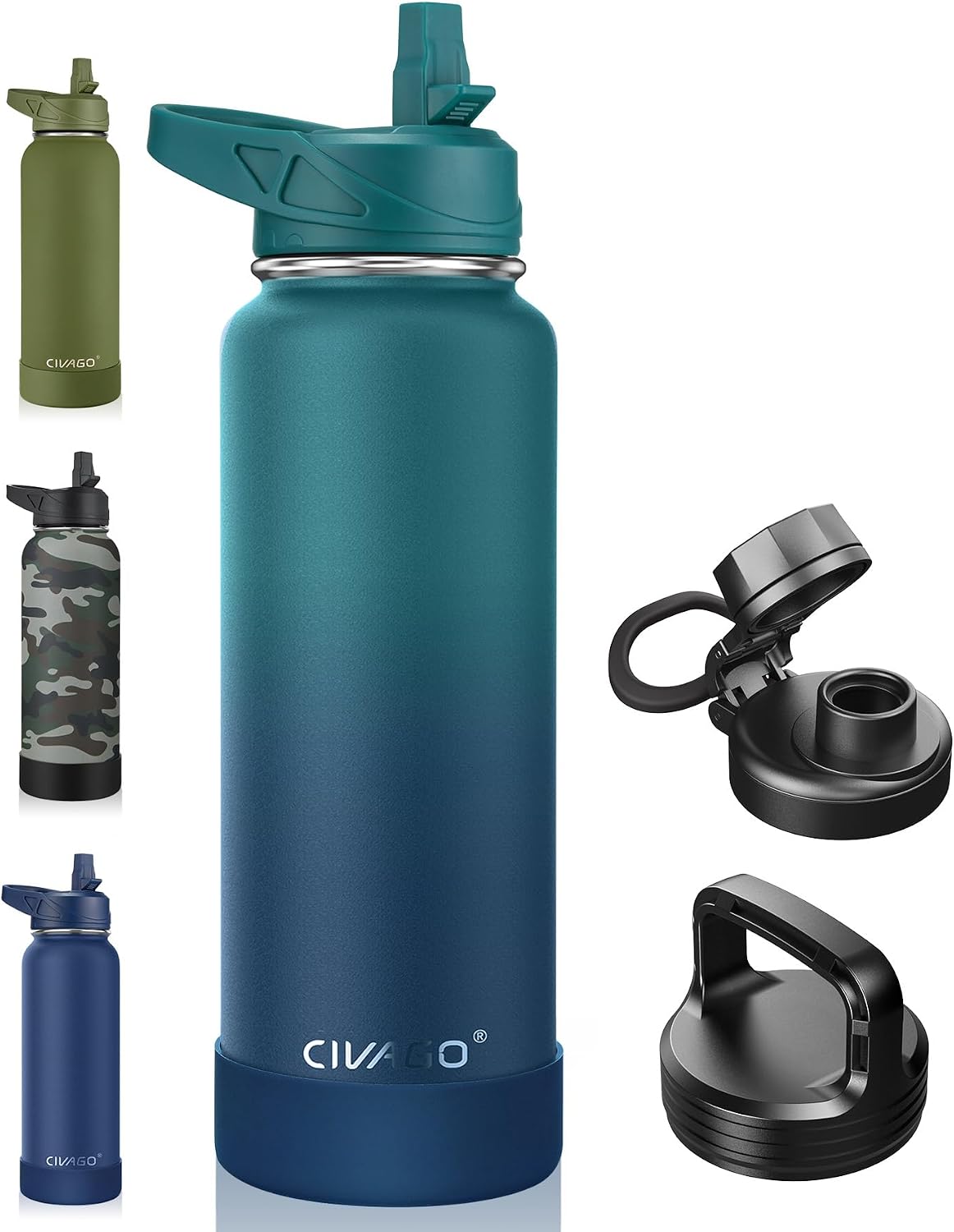 CIVAGO 32 oz Insulated Stainless Steel Water Bottle With Straw and 3 Lids