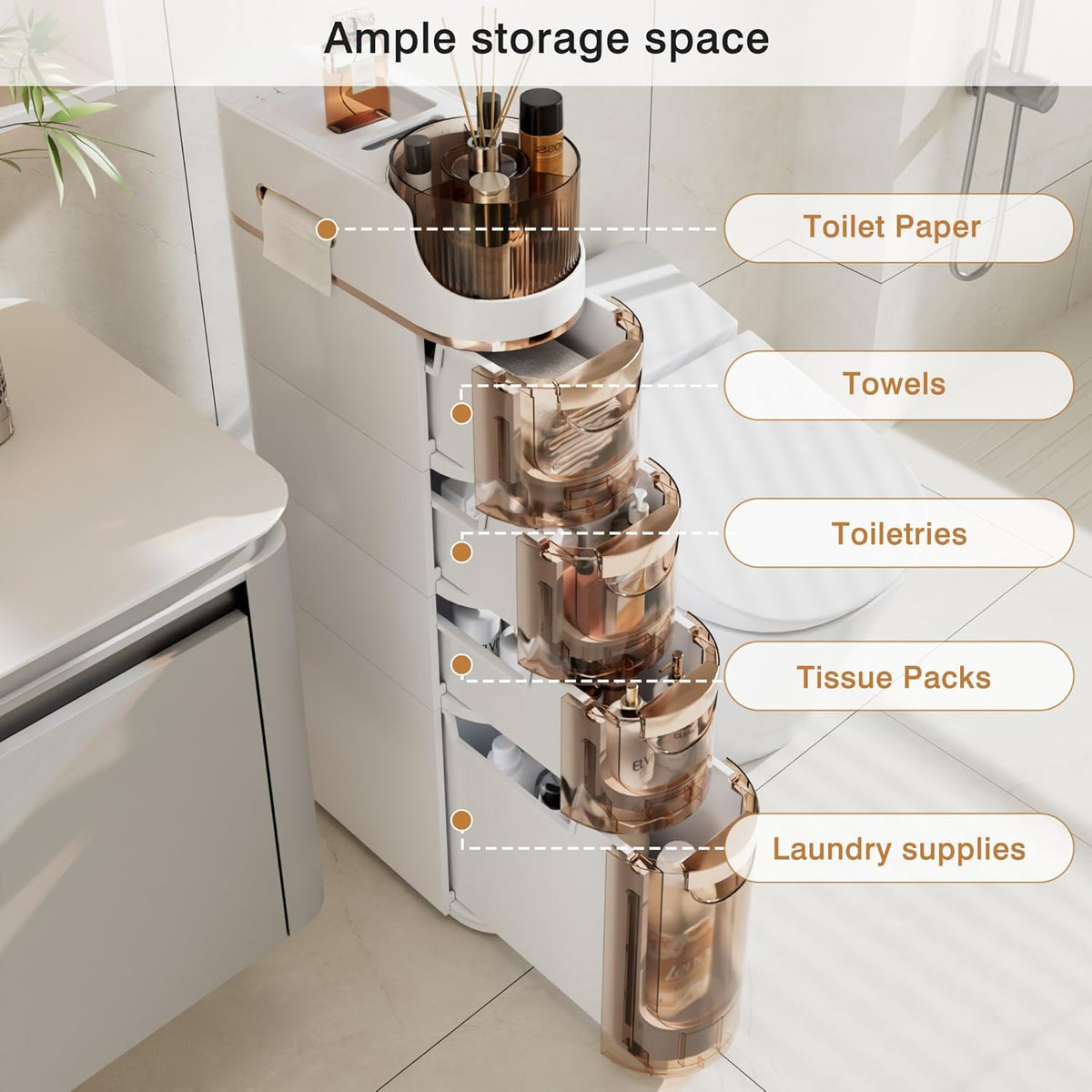 VECELO 4-Tier Slim Bathroom Storage Cabinet with Wheels, Skinny Bathroom Storage Cabinet with Drawers, Toilet Paper Holder, Movable Narrow Floor Cabinet for Small Space, Bathroom