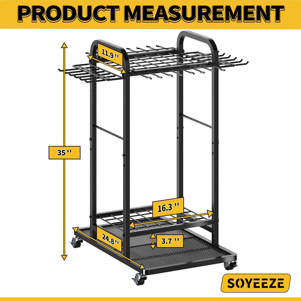 Garden Tool Organizer with Lockable Wheels, Heavy Duty 3-Tier Yard Tower Tool Rack for Garage, Holds Up to 35 Long-Handled Tools, Garden Tool Cart with 12 Hooks for Tool Organization Storage
