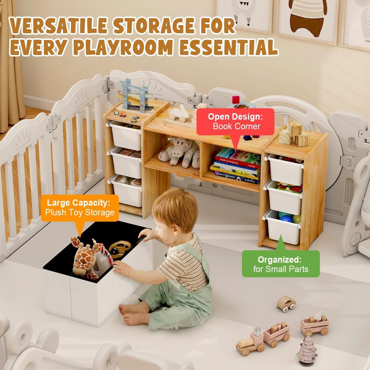 Montessori Shelf for Kids - 100% Solid Pine Wood with 6 Removable Plastic Bins, Toy Storage Organizer Cabinet for Playroom, Bedroom & Nursery (Natural)