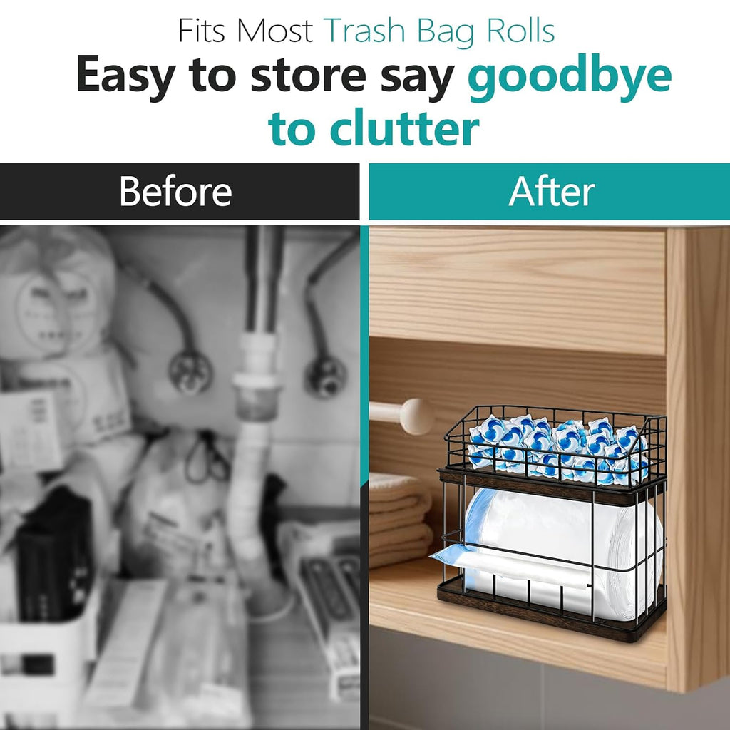 2-in-1 Trash Bag Holder & Dishwasher Pods Organizer, Extra Large Trash Bags Dispenser, Kitchen Organizer and Under Sink Storage Box