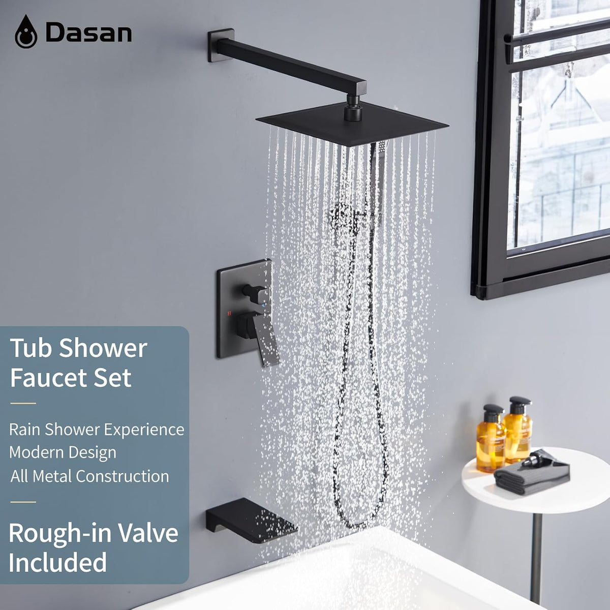 DASAN Tub Shower Faucets Sets Complete Matte Black Bathtub Shower System with Waterfall Tub Spout, Bathtub Faucet Set Tub and Shower Faucet Combo Trim Kit with Valve