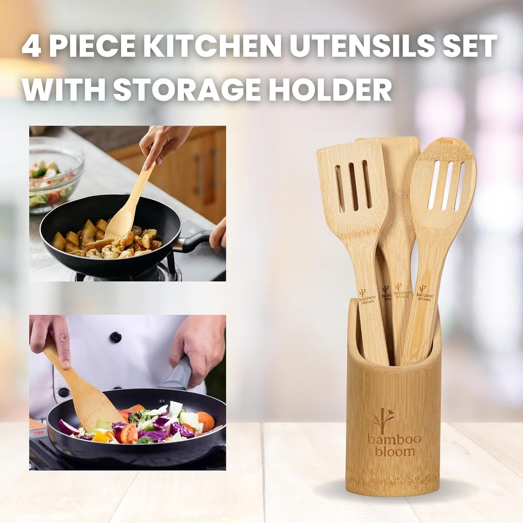 Bamboo Kitchen Utensils Set with Holder, 4-Pieces Wooden Cooking Utensils for Nonstick Cookware, Natural Bamboo Spoons & Spatulas, Comfortable Grip, Kitchen Essentials (4 Pieces + Holder)