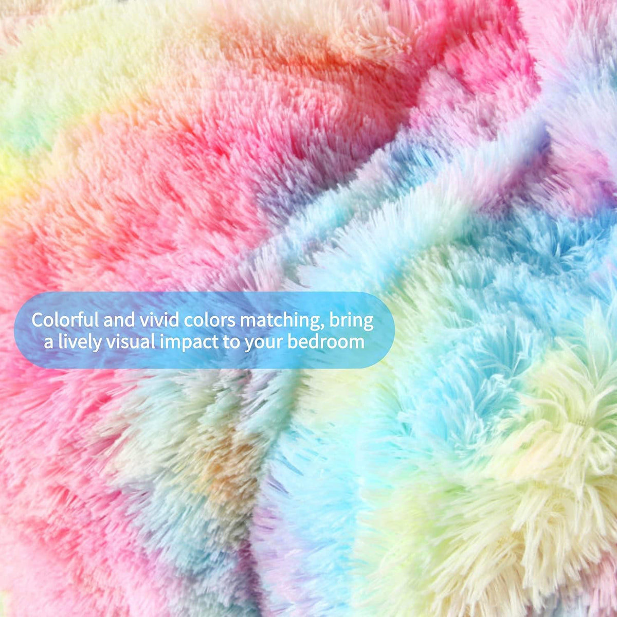 RYNGHIPY 3Pcs Rainbow Long Hair Bedding Sets Twin for Girls
