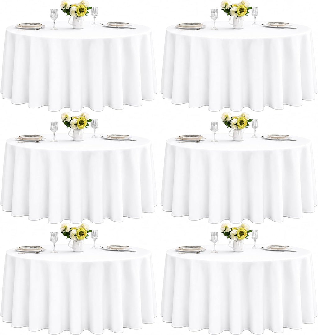 6-Pack Round 108-inch White Table Cloths, Solid Stain and Wrinkle Resistant Circular Tablecloth, Premium Plain Weave Polyester Fabric Table Linen Covers for Hotel, Banquet
