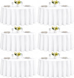 6-Pack Round 108-inch White Table Cloths, Solid Stain and Wrinkle Resistant Circular Tablecloth, Premium Plain Weave Polyester Fabric Table Linen Covers for Hotel, Banquet