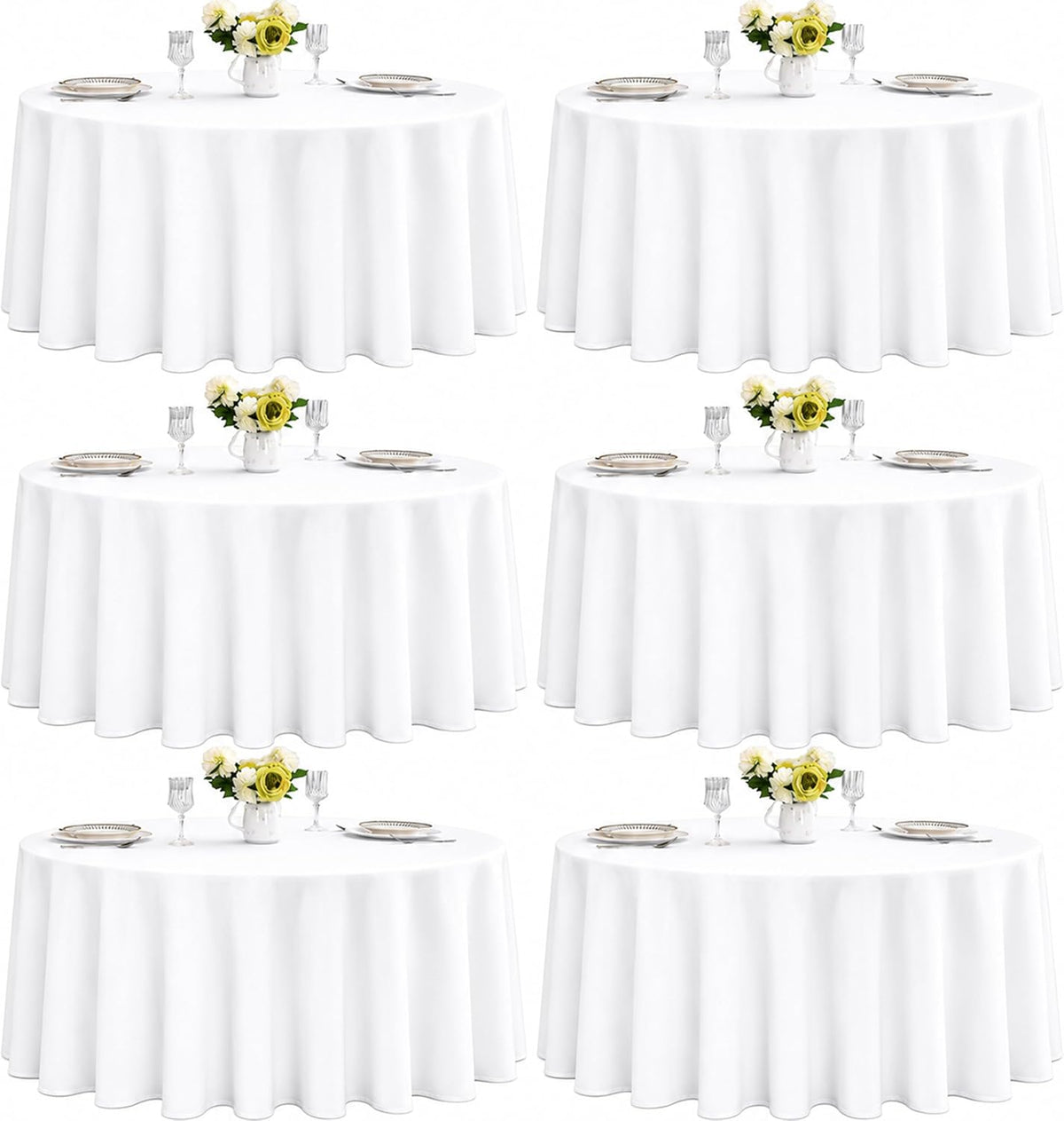 6-Pack Round 108-inch White Table Cloths, Solid Stain and Wrinkle Resistant Circular Tablecloth, Premium Plain Weave Polyester Fabric Table Linen Covers for Hotel, Banquet