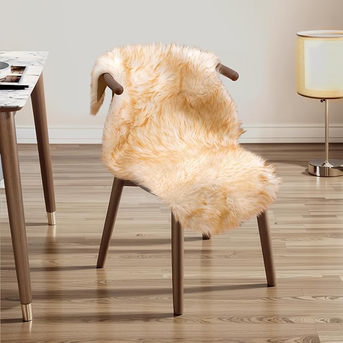 Ciicool Faux Sheepskin Rugs Soft Faux Fur Rug White Gradient Brown Fluffy Chair - Image 2