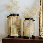 14in Lanterns Decorative for Home Decor- Decorative Candle Lanterns w/ LED Candles- Boho Rattan Woven Hanging Black Lanterns Decor for Indoor, Outdoor, Patio & Porch, Tabletop, Fireplace & Mantle